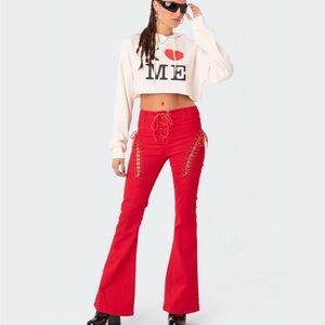 Edikted Red Lace-Up Flare Pants